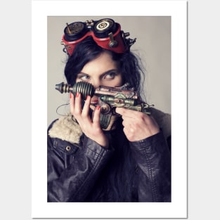 girl holds steampunk pistol Posters and Art